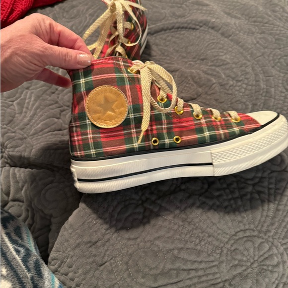 Converse High Top Red Plaid with Gold Laces - Picture 3 of 8
